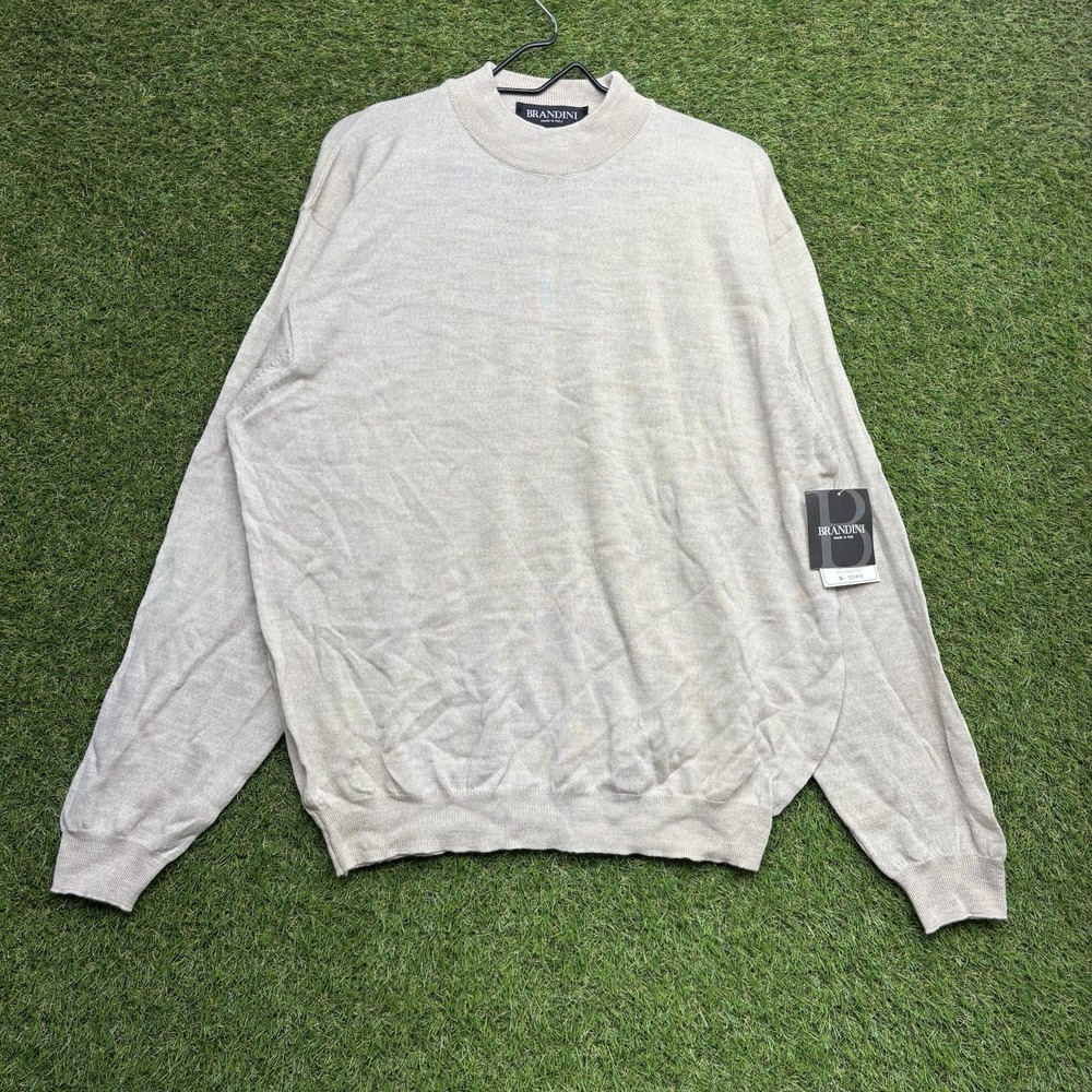 Brandini Merino Wool Sweater Mens XL Mock Neck Beige Cream Preppy Fall NWT